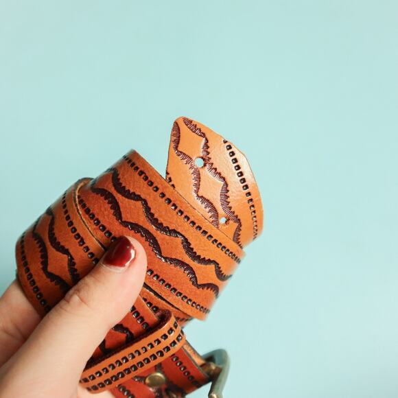 Brown Genuine Leather Western Handmade Embossed Decorative Belt One Size main image 5